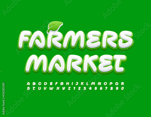 Vector business banner Farmers Market with Decorative Leaf. Trendy style Font. Creative Alphabet Letters and Numbers set