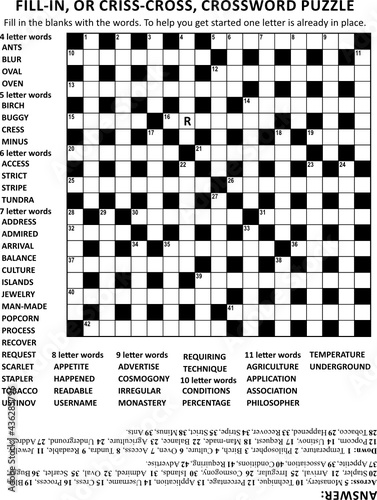 Criss-cross (or fill-in, else kriss-kross) crossword puzzle game of 19x19 grid, fitting Letter or A4 size paper, with general knowledge family friendly content. Answer included. 

