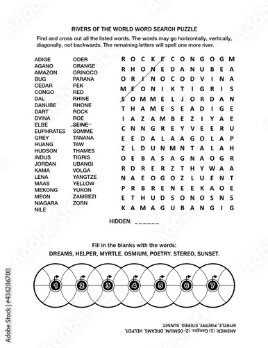 Puzzle page with two word games (English language). Rivers of the world word search puzzle and fill the wheels. Black and white, A4 or letter sized. Answer included.
