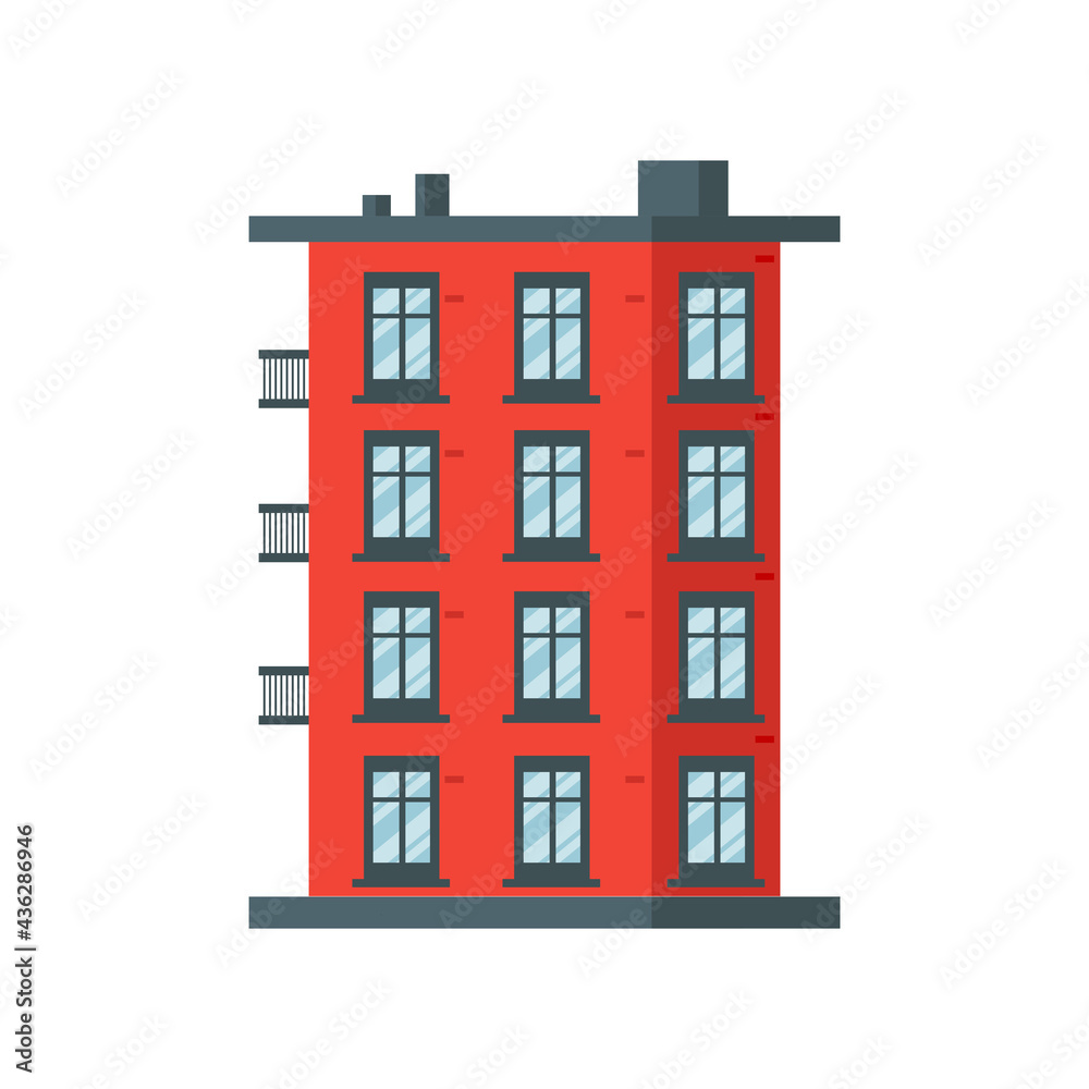 Red brick apartment building. Flat vector illustration with balcony. Brooklyn, New York, vintage style