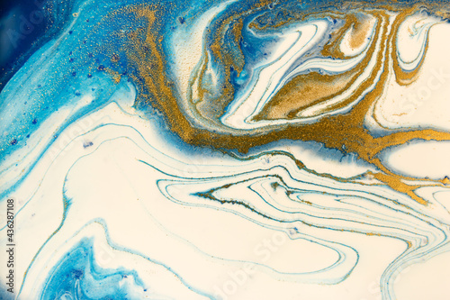 Abstract marble texture. Liquid light navy blue print pattern. Wave with gold layers illustration.