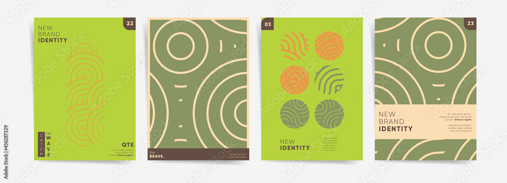 Geometric wavy circles design set for poster, book cover, brochure or background. Asian style circles and waves geometric backgrounds set. Abstract geometry shapes graphic. Green oriental background.