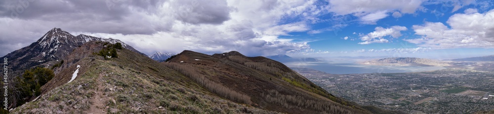 Mt Timpanogos landscape snow spring views from Mount Mahogany hiking trail, Wasatch Front Rocky Mountains, by Orem and Provo, Utah. United States. USA Mt Timpanogos landscape snow spring views from Mount Mahogany hiking trail, Wasatch Front Rocky Mountains, by Orem and Provo, Utah. United States. USA
