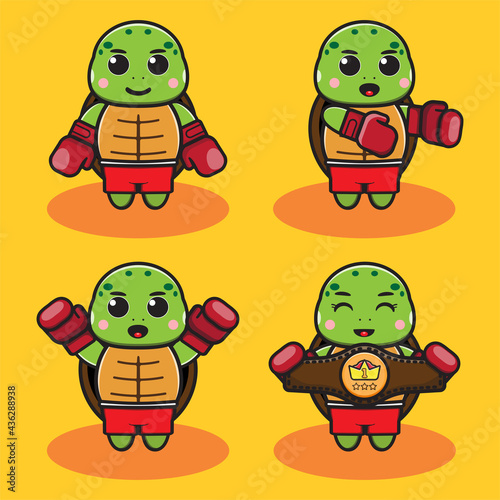 Vector illustration of cute Little Turtle Boxing cartoon set. Good for icon, logo, label, sticker, clipart.