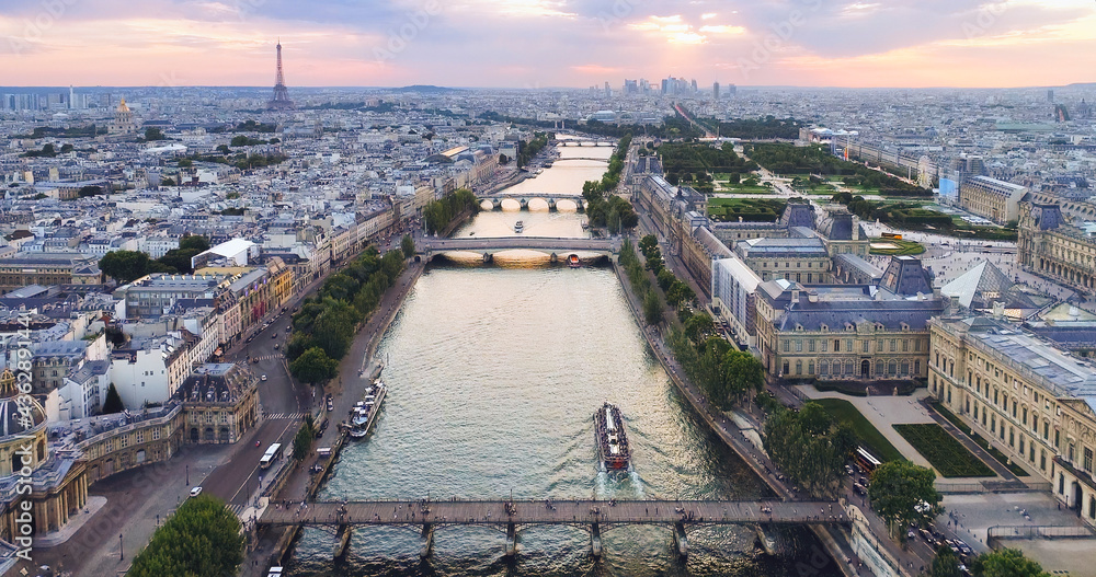Paris aerial Seine river sunset France