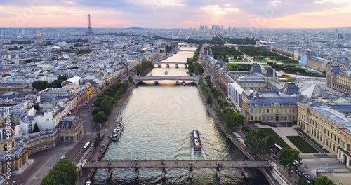 Obraz na płótnie Paris aerial Seine river sunset France w salonie