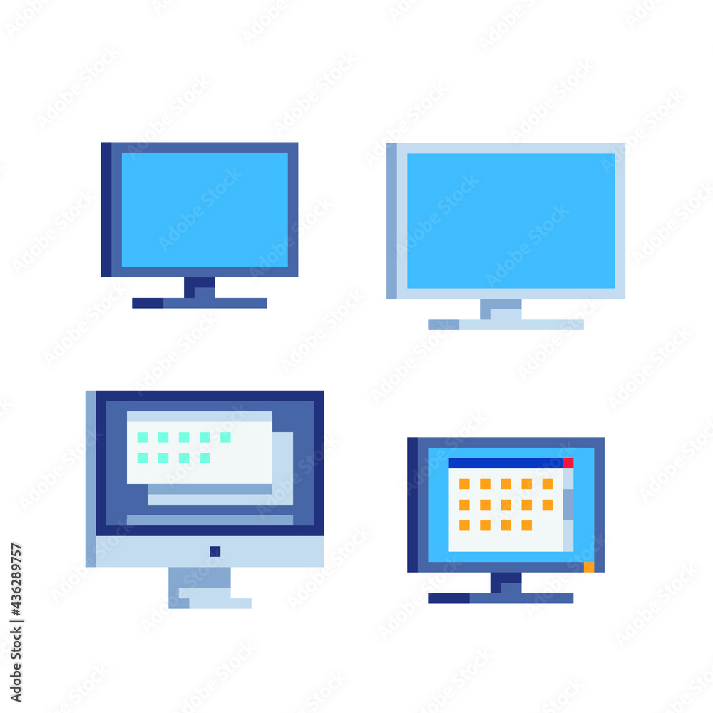 Monitor and browser window flat style icons set. Pixel art. Computer, display, ps. 8-bit sprite. Isolated vector illustration. Element design for mobile app, web, sticker, logo. Monitor and browser window flat style icons set. Pixel art. Computer, display, ps. 8-bit sprite. Isolated vector illustration. Element design for mobile app, web, sticker, logo.