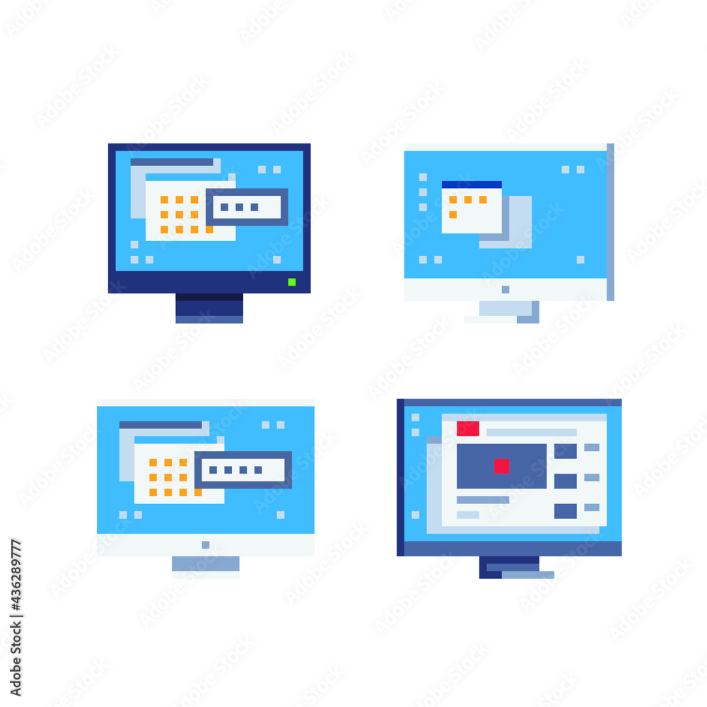 Monitor and  browser window with video player flat style icons set. Pixel art. Computer, display, ps. 8-bit sprite. Isolated vector illustration.  Element design for mobile app, web, sticker, logo.