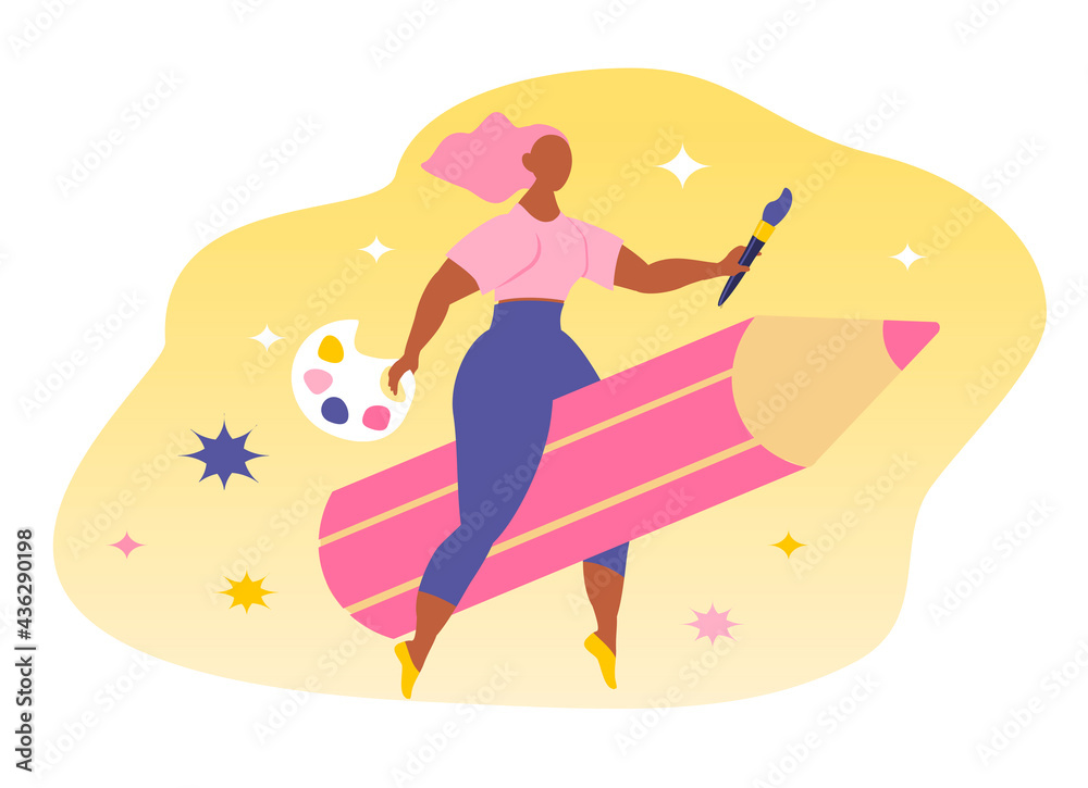vector hand drawn illustration on the theme of design, artists, creativity. The girl flies astride a pencil, in her hands - a brush and a palette. trend illustration in flat style