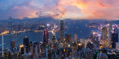 Colorful view of Hong Kong skyline on twilight time seen from Victoria Peak. Hong Kong, China.