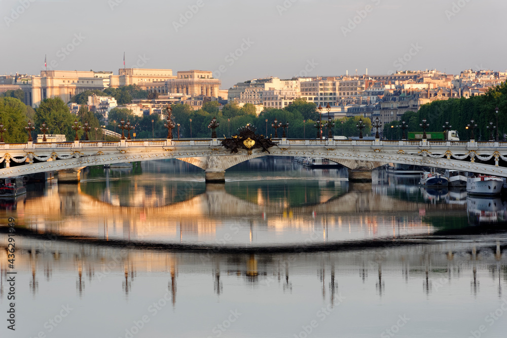 Water reflection of the Alexandre 3bridge in Paris