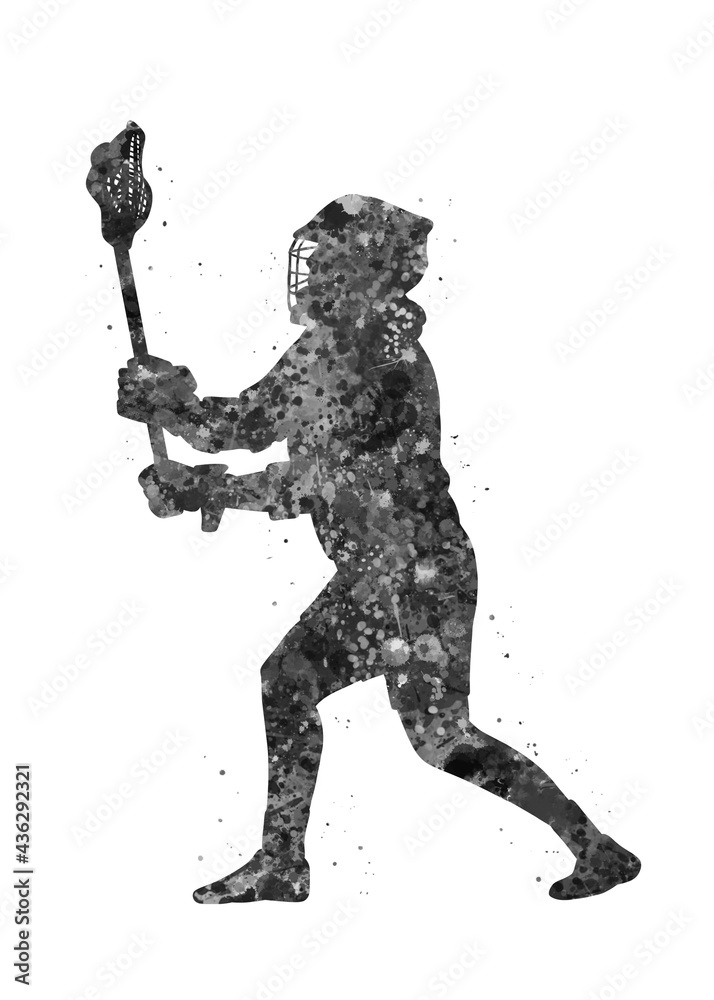 Fototapeta premium Lacrosse black and white watercolor art, abstract sport painting. sport art print, watercolor illustration artistic, greyscale, decoration wall art.