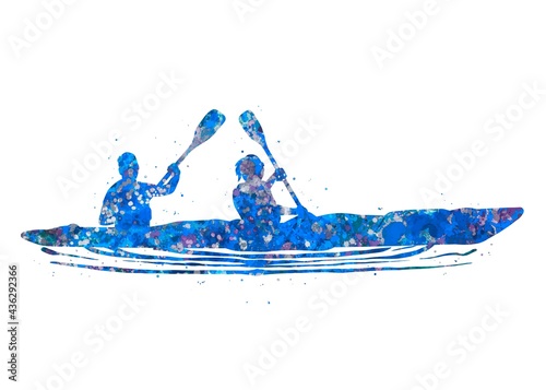 Kayak blue watercolor art, abstract painting. sport art print, watercolor illustration blue, colorful, decoration wall art
