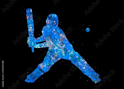 Cricket player blue watercolor art with black background, abstract sport painting. sport art print, watercolor illustration blue, colorful, decoration wall art.