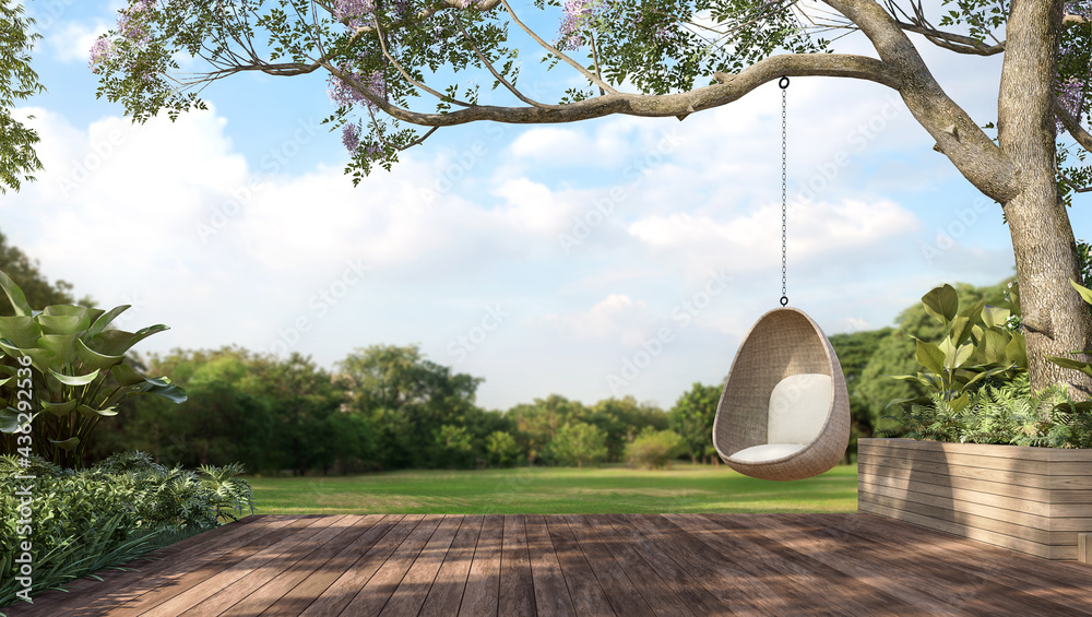 Old wooden terrace with wicker swing hang on the tree with blurry nature background 3d render. - obrazy, fototapety, plakaty 