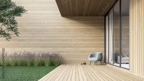 Fotografie, Obraz Minimal style wooden terrace with green lawn 3d render,There are empty wood plank wall,decorate with modern gray chair