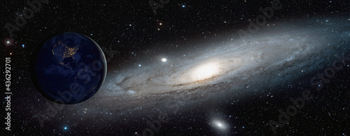 The View of the planet Earth from space with The Andromeda Galaxy ( Messier 31) 