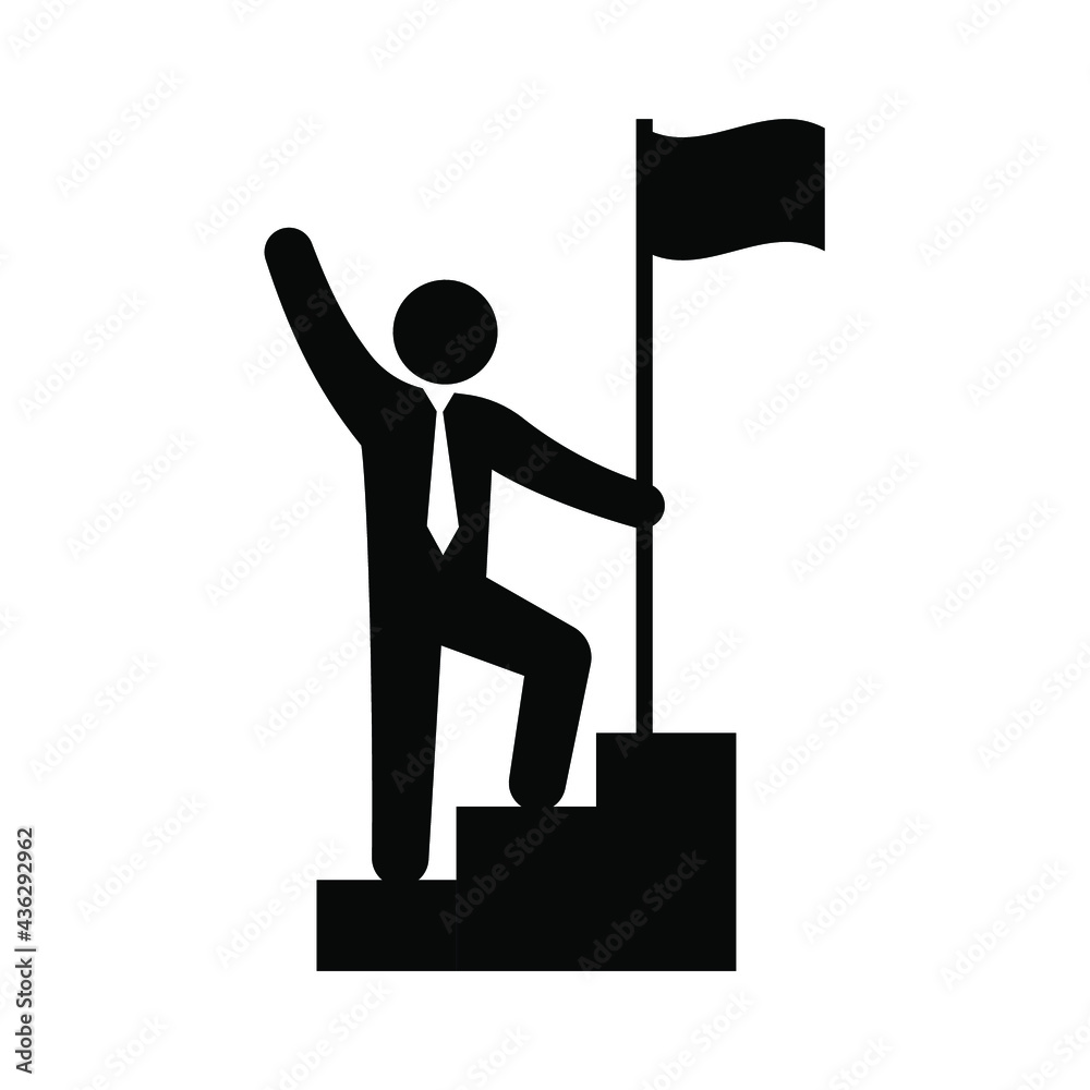 Businessman standing on the top of staircase with holding a flag, Leaders achievement, Business concept of victory and success, Icon design vector illustration