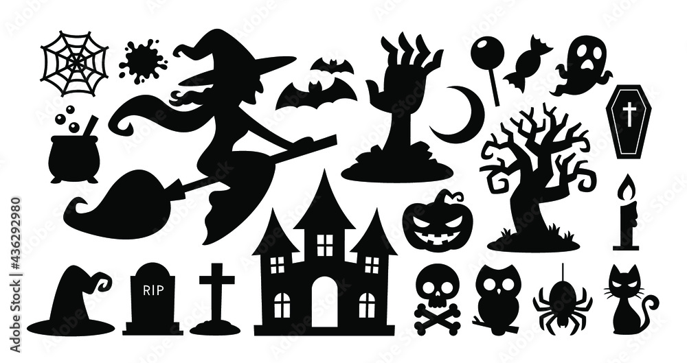 Collection set of halloween icons symbol. Silhouettes flat design, Vector illustration