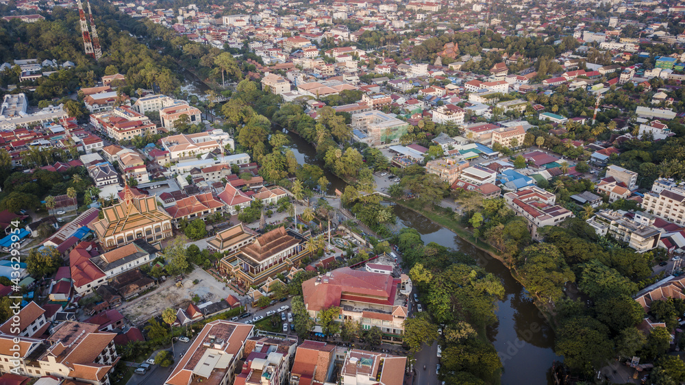 Fototapeta premium Aerial drone photograph of city of Siem Reap in Cambodia.