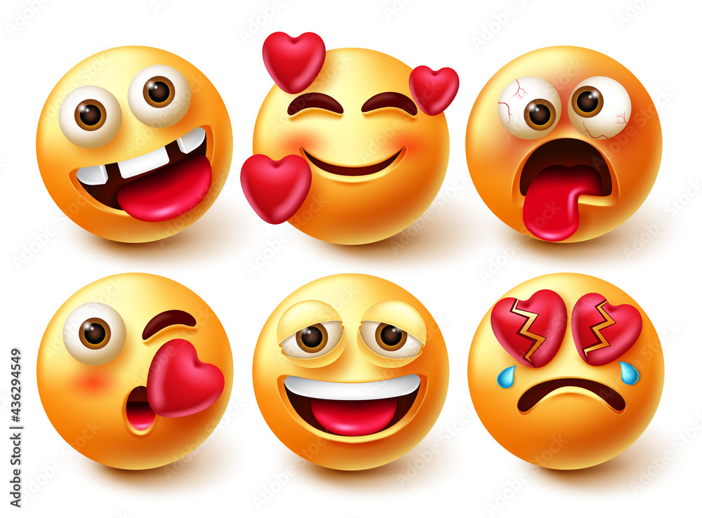 Emoji smileys vector character set. Smiley 3d emoticon with crazy, in love, broken and weird face icon expression isolated in white background for emoticon collection design. Vector illustration
Emoji smileys vector character set. Smiley 3d emoticon with crazy, in love, broken and weird face icon expression isolated in white background for emoticon collection design. Vector illustration