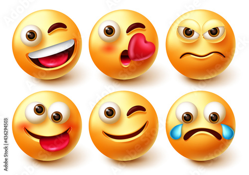 Emoticon smiley vector character set. Emoji smileys 3d characters with facial expressions happy, angry, crying and winking isolated in white background for emoticon design collection. 