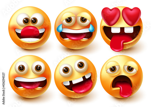 Smiley emoji vector set. Smileys 3d emoticon characters in funny, crazy, crying and in love facial expressions isolated in white background for emojis character collection design. Vector illustration
