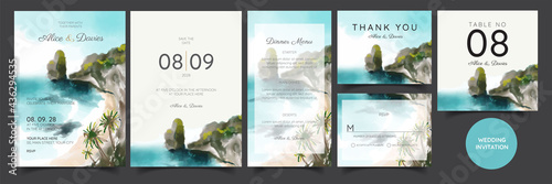 wedding invitation card, beach panorama, watercolor