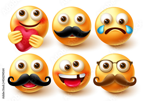 Emoji smileys vector character set. Smiley 3d emoticon in happy and crying emotion with elements like moustache and heart for emoticons design collection. Vector illustration
