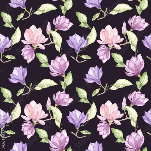 Magnolia flowers with leaves watercolor seamless pattern. Hand drawn fabric texture for textile prints.