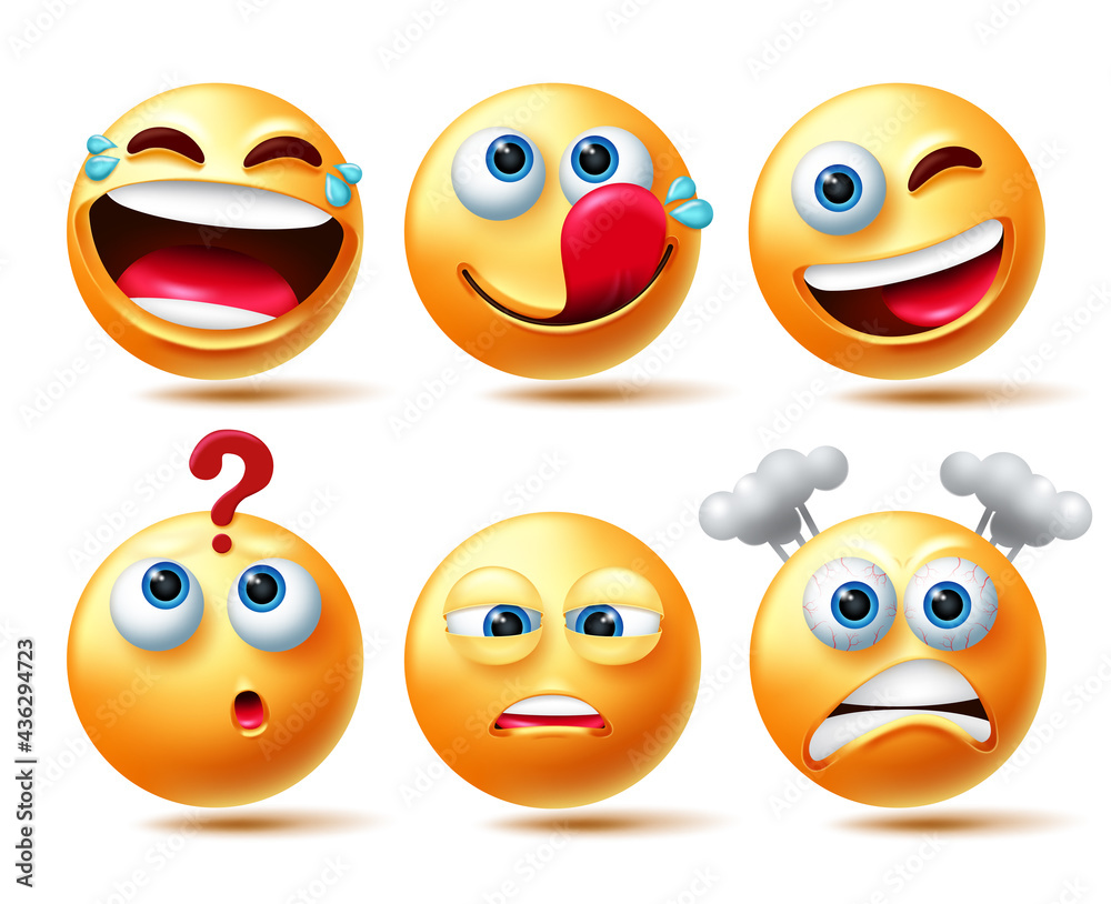Smileys emoticon vector set. Emoticons 3d smiley characters in laughing, thinking and yummy expressions for emoticons character emotion collection design. Vector illustration
Smileys emoticon vector set. Emoticons 3d smiley characters in laughing, thinking and yummy expressions for emoticons character emotion collection design. Vector illustration