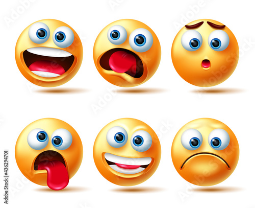 Emoji smileys vector set. Smiley 3d emojis characters in happy, shocked and sad emotion isolated in white background for emoticons character design collection. Vector illustration 
