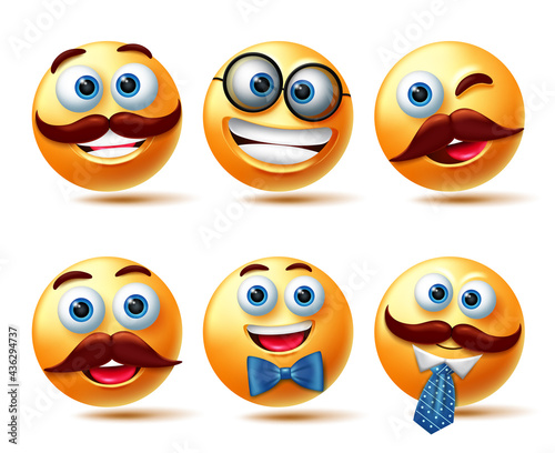 Smiley male emoticon vector set. Smileys 3d emoji man with happy facial expressions wearing elements like ribbon and neck tie for emoticons character collection design. Vector illustration 
