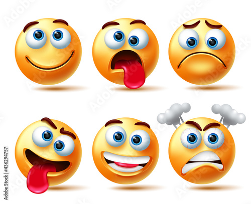 Smileys emoji vector character set. Smiley 3d emoji with expressions like crazy, happy and angry isolated in white background for emoticons characters collection design. Vector illustration
