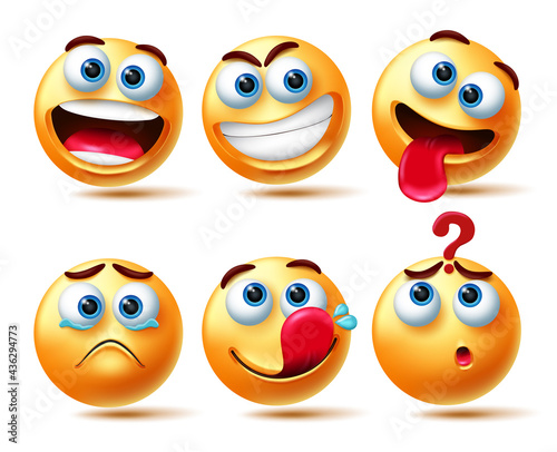Smileys emoticon vector set. Emoticons 3d smiley characters in happy, smirk, teary eyed and confuse expression for emoticons character collection design. Vector illustration 