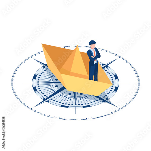 Isometric Businessman Standing on Paper Boat Over The Compass
