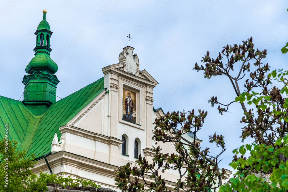 Zhovkva, Ukraine - 20.05.2021: the dome of the St. Josaphat Church, the centrepiece of the Dominican Monastery. 