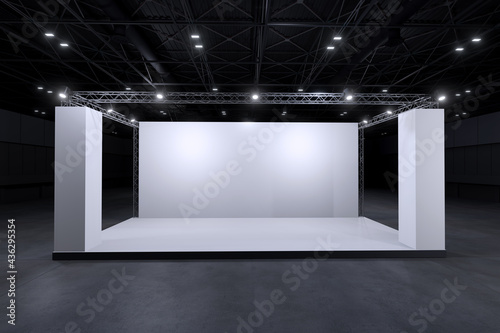 Exhibition standing for mockup and Corporate identity. Retail booth design elements in Exhibition hall .3d render. photo
