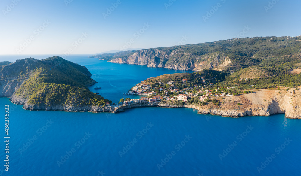 Aerial view of Assos in island of Cefalonia, Ionian, Greece. Aerial drone photo of beautiful and picturesque colorful traditional fishig village