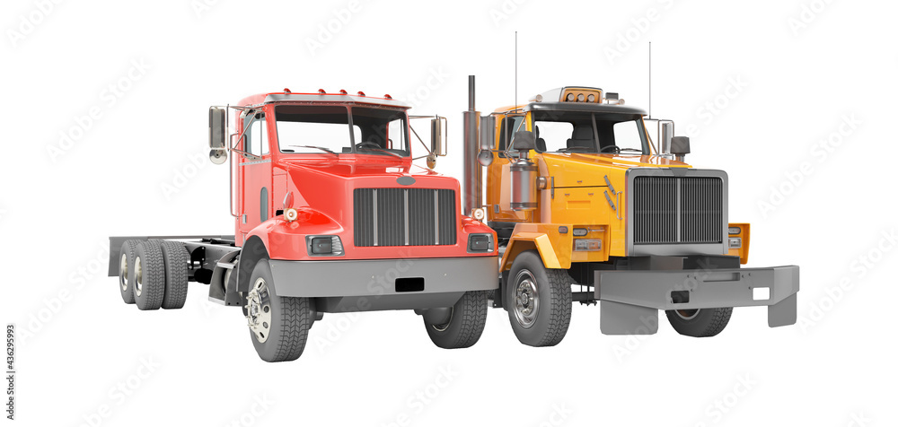 3d render group red and orange dump truck isolated on white background no shadow