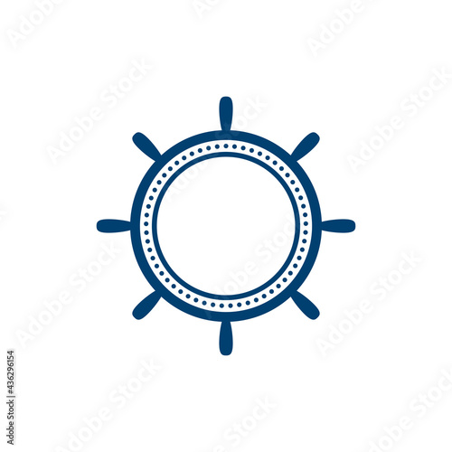 Nautical blue helm label isolated on white. boat steering wheel sign.