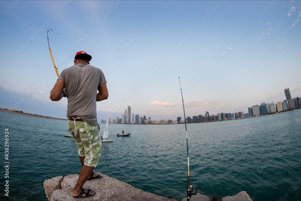 Abu Dhabi, UAE, 08 26 2018, Abu Dhabi skyline is famous for its spectacular view and it is an amazing fishing spot.