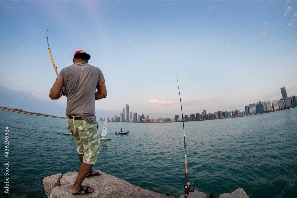Abu Dhabi, UAE, 08 26 2018, Abu Dhabi skyline is famous for its spectacular view and it is an amazing fishing spot. Abu Dhabi, UAE, 08 26 2018, Abu Dhabi skyline is famous for its spectacular view and it is an amazing fishing spot.