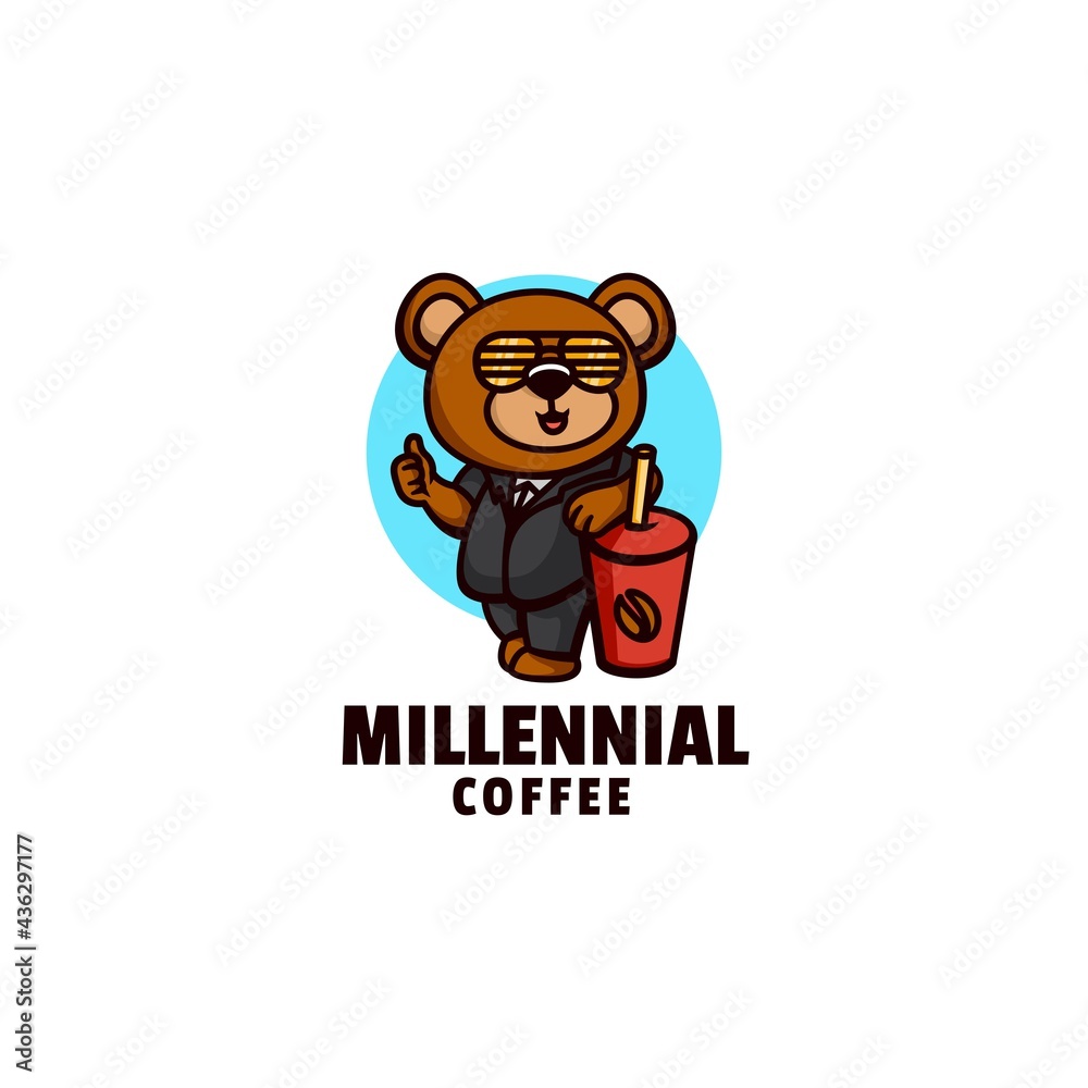 Vector Logo Illustration Coffee Bear Mascot Cartoon Style.