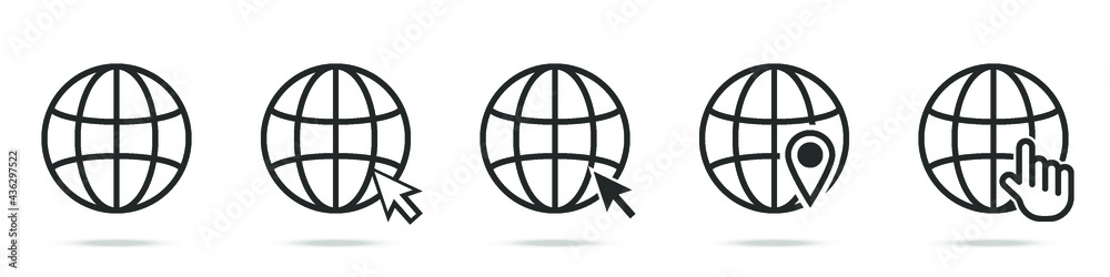 Set of global with pointer line icon collection. Round world symbol. Home web design vector illustration. Set of global with pointer line icon collection. Round world symbol. Home web design vector illustration.