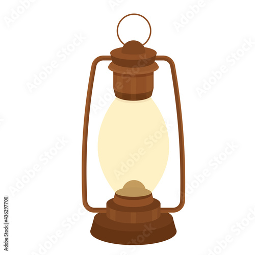 Old kerosene, oil lamp, vintage handle object in cartoon style isolated on white background. Camping, mining equipment. Antique, retro lighting tool. Vector illustration