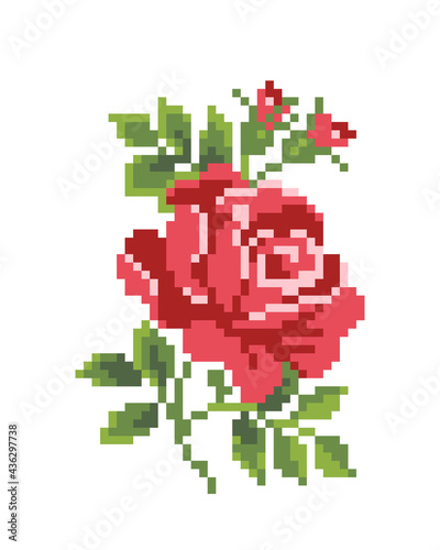 Pixel rose flower image. cross stitch pattern. Vector illustration. © Two Pixel
