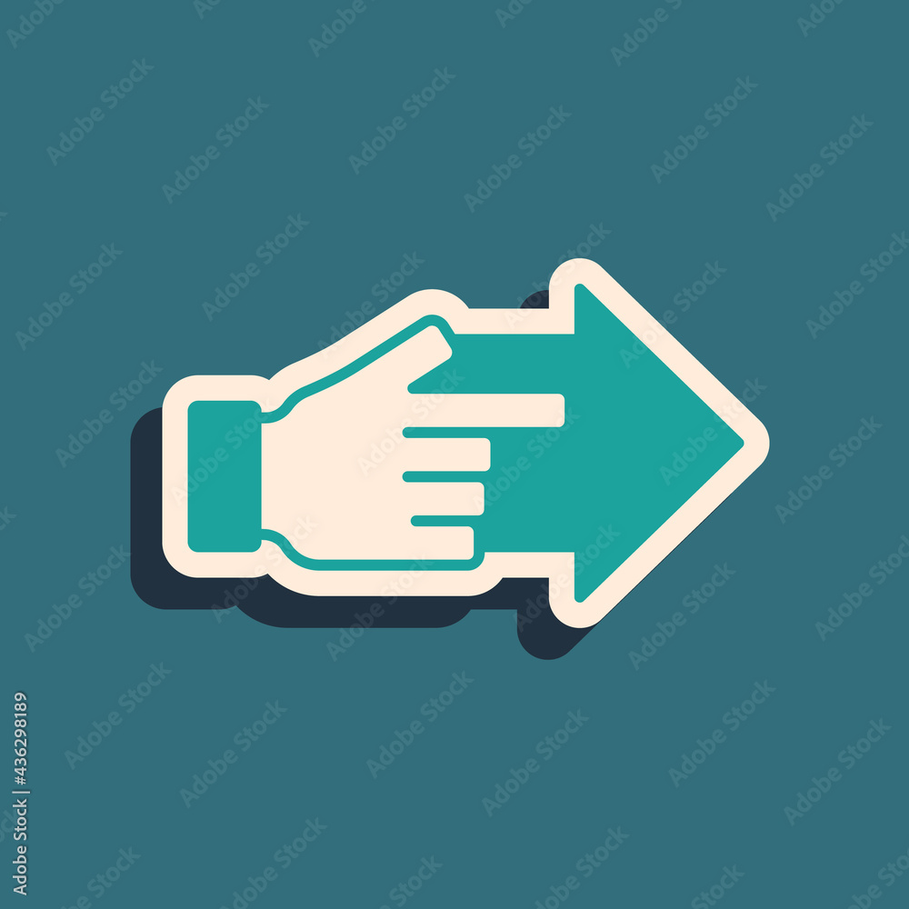 Green Hand with pointing finger with arrow icon isolated on green background. Business vision and target. Concept business finance, character, leader. Long shadow style. Vector Green Hand with pointing finger with arrow icon isolated on green background. Business vision and target. Concept business finance, character, leader. Long shadow style. Vector