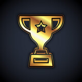 Gold Award cup icon isolated on black background. Winner trophy symbol. Championship or competition trophy. Sports achievement sign. Vector