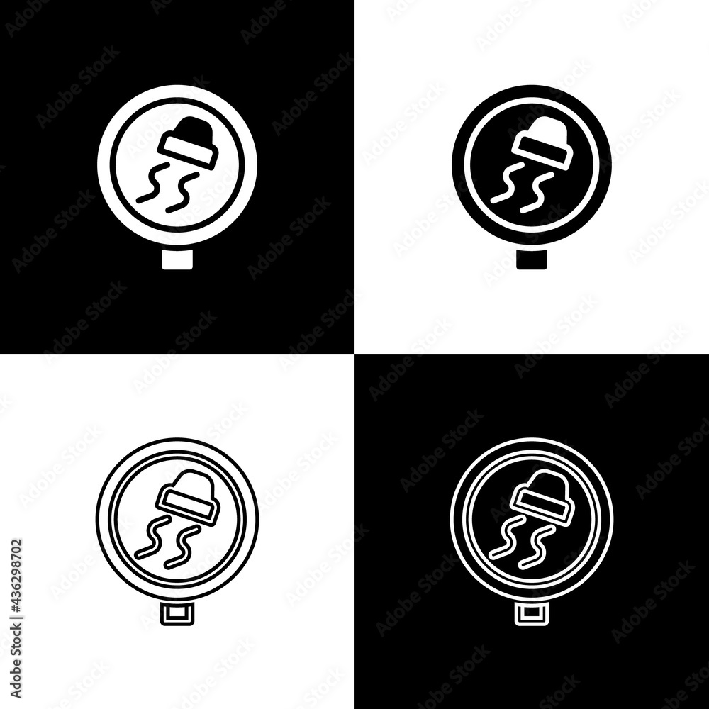 Set Slippery road traffic warning icon isolated on black and white background. Traffic rules and safe driving. Vector Set Slippery road traffic warning icon isolated on black and white background. Traffic rules and safe driving. Vector